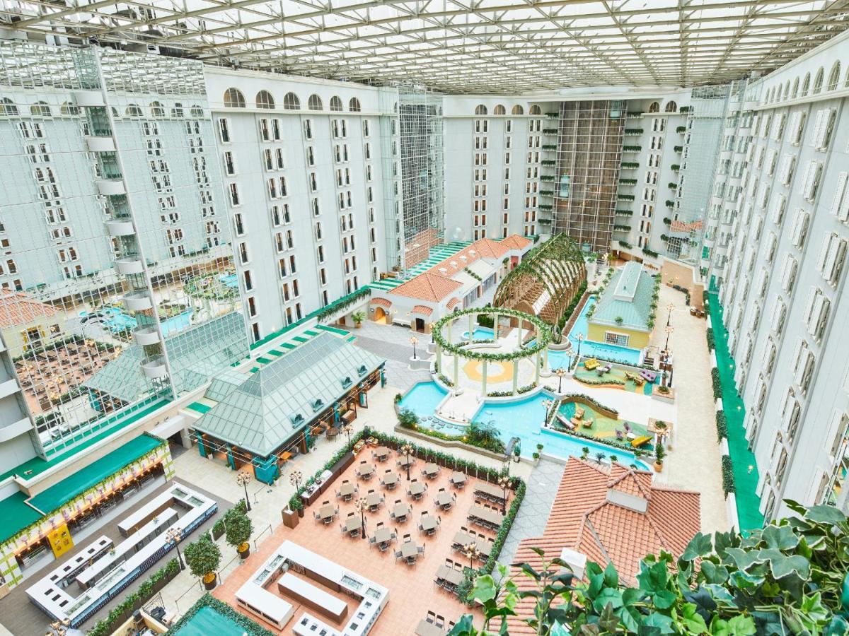 Grand Nikko Tokyo Bay Maihama Ξενοδοχείο Urayasu Εξωτερικό φωτογραφία The photo depicts a large indoor area, likely within a resort or hotel, featuring a spacious atrium. The atrium has a glass roof, allowing natural light to flood the space. In the center, there are various swimming pools and a lush, green landscape w